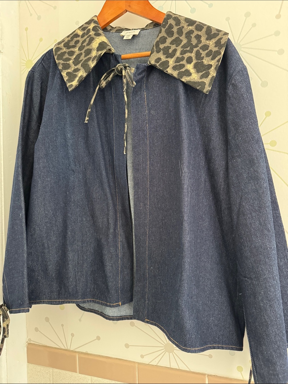 Maeve Blue Denim Jacket with Leopard-Print Collar